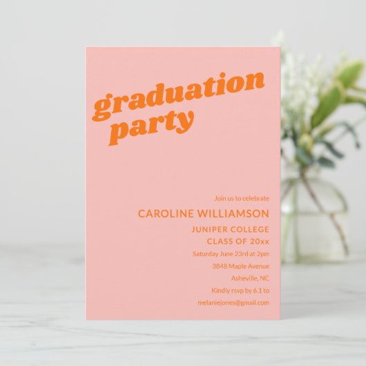 Modern Cute Pink Orange Retro Graduation Party 招待状 (スタンド正面)