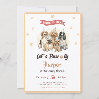 Modern Cute Puppy Dog Pet Birthday Party 招待状