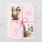 Modern Cute Red & Pink Bow Wrap 2 Photo Christmas シーズンカード (正面)