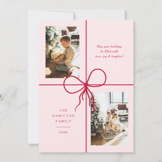 Modern Cute Red & Pink Bow Wrap 2 Photo Christmas シーズンカード (正面)