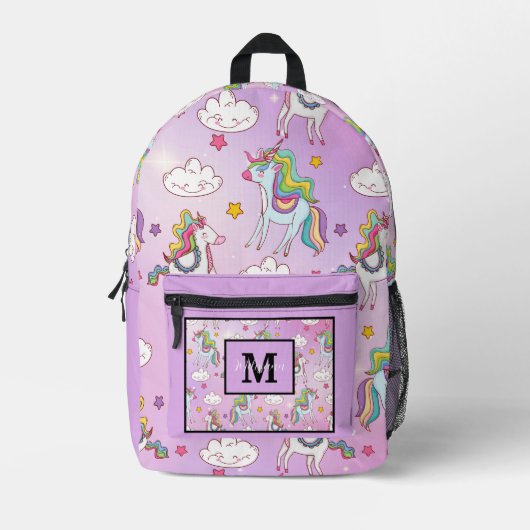 Modern Cute Unicorn and Rainbow Purple Monogram プリントバックパック (正面)