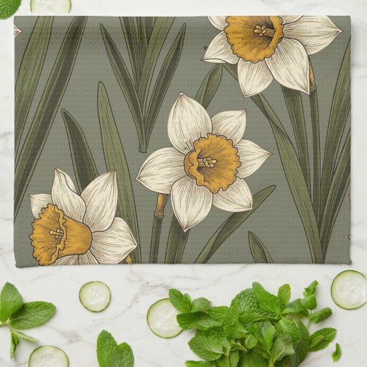 Modern Daffodil Botanical Pattern (2) キッチンタオル (折り畳み)