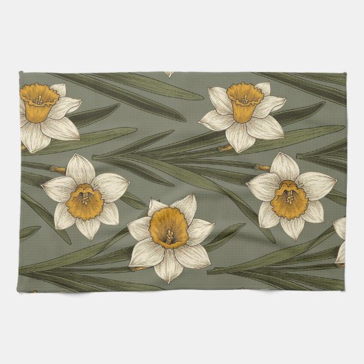 Modern Daffodil Botanical Pattern (2) キッチンタオル (横)
