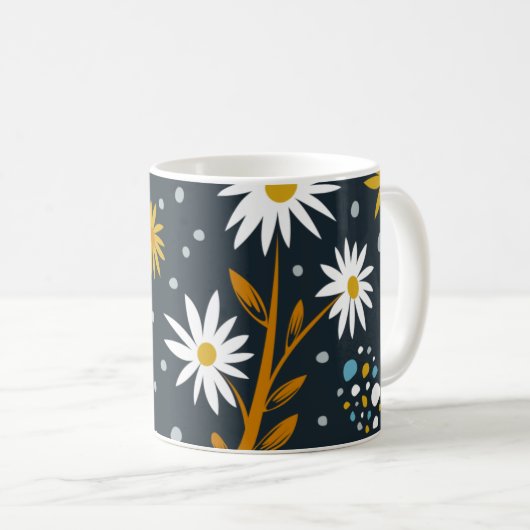 Modern Daisies Pattern on Dark Blue コーヒーマグカップ (正面右)