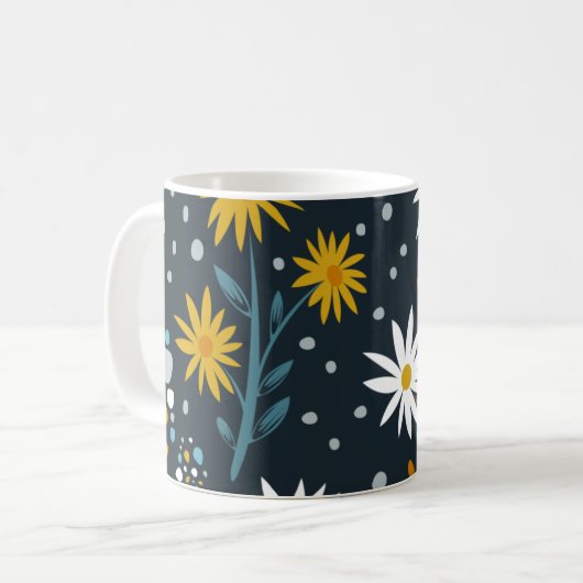 Modern Daisies Pattern on Dark Blue コーヒーマグカップ (正面左)