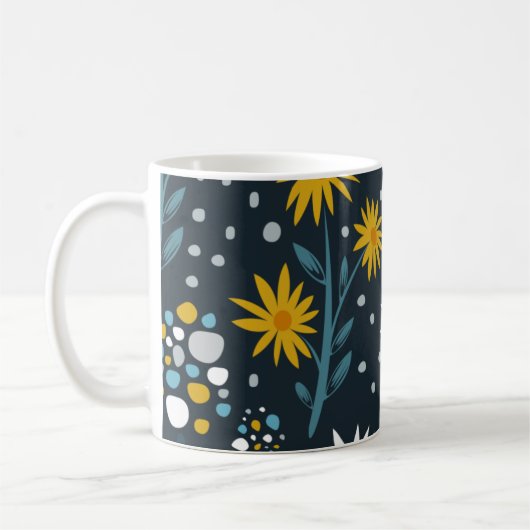 Modern Daisies Pattern on Dark Blue コーヒーマグカップ (左)