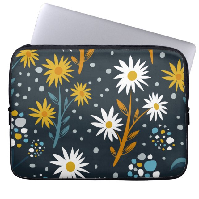 Modern Daisies Pattern on Dark Blue ラップトップスリーブ (正面)