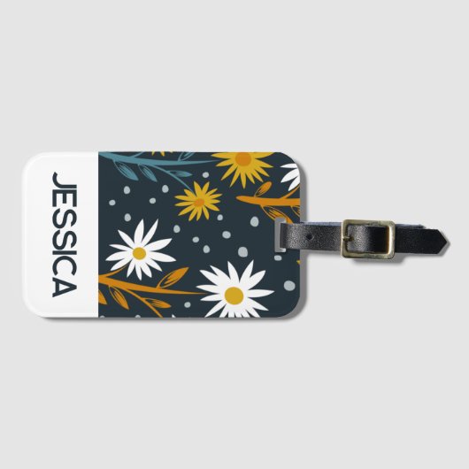 Modern Daisies Pattern on Dark Blue Personalised ラゲッジタグ (正面横)