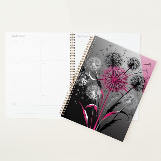 Modern Dandelions Pink Black White Notebook プランナー手帳 (ディスプレー)