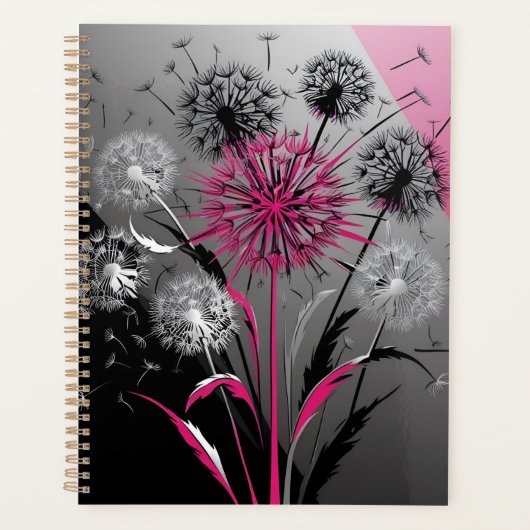 Modern Dandelions Pink Black White Notebook プランナー手帳 (正面)
