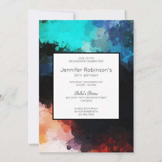 Modern Dark Abstract Paint Splatters Birthday 招待状 (正面)