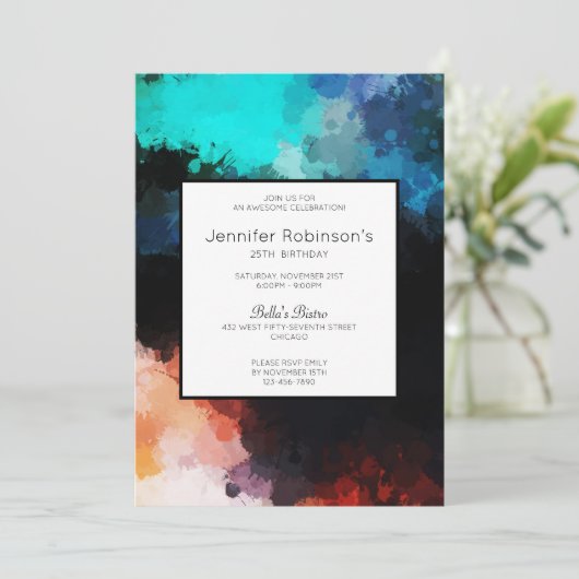 Modern Dark Abstract Paint Splatters Birthday 招待状 (スタンド正面)