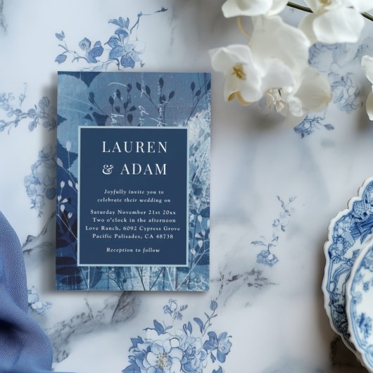 Modern Dark Blue Botancial Wedding Invitation 招待状