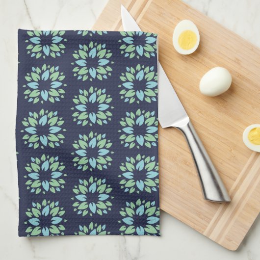 Modern Dark Blue Green Floral Pattern キッチンタオル (四つ折り)
