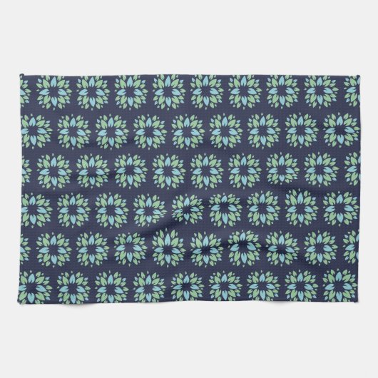 Modern Dark Blue Green Floral Pattern キッチンタオル (横)