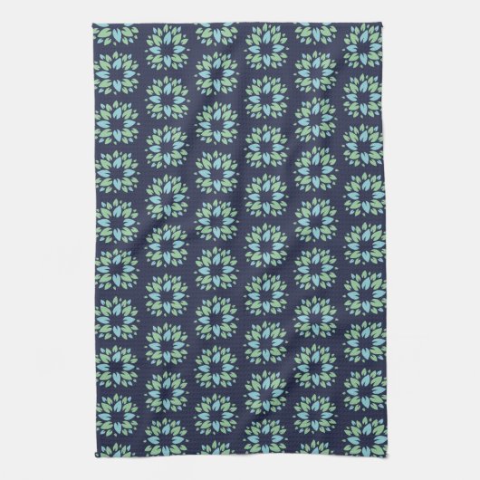 Modern Dark Blue Green Floral Pattern キッチンタオル (縦)