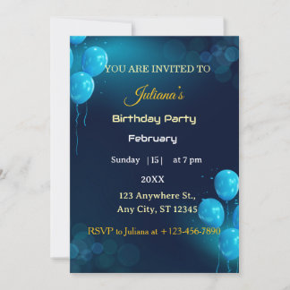 Modern Dark Blue Illustrative Birthday Invitation 招待状
