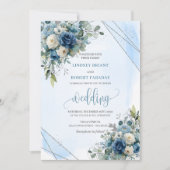 Modern dark blue silver roses wedding invitation 招待状 (正面)