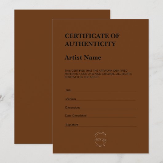 Modern Dark Brown Certificate of Authenticity サンキューカード (正面/裏面)