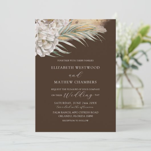 Modern Dark Brown Floral & Palm Wedding 招待状 (スタンド正面)