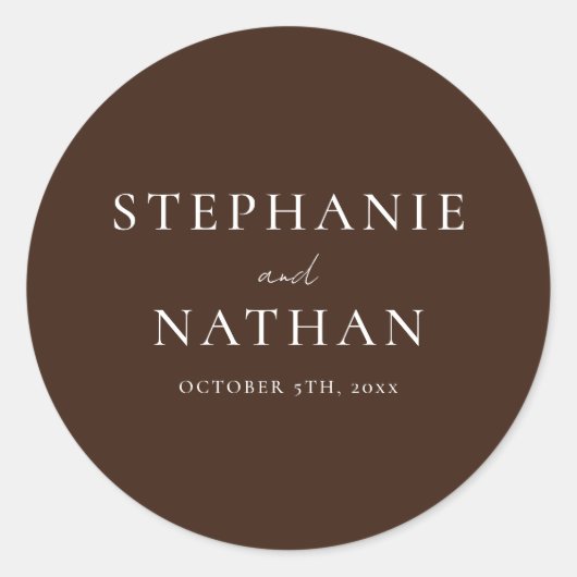 Modern Dark Brown Minimalist Wedding ラウンドシール (正面)