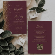 Modern Dark Burgundy Gold Glitter QR Code Wedding