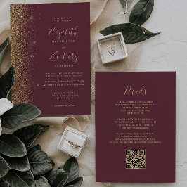 Modern Dark Burgundy Gold Glitter QR Code Wedding 招待状