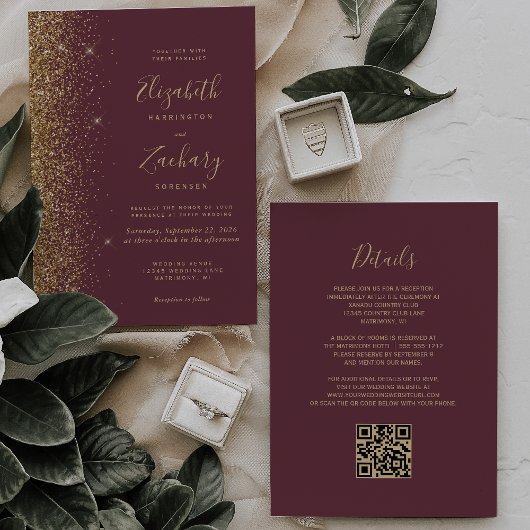 Modern Dark Burgundy Gold Glitter QR Code Wedding 招待状