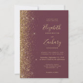 Modern Dark Burgundy Gold Glitter QR Code Wedding 招待状 (正面)