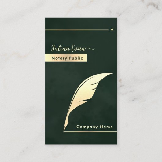 Modern Dark Emerald Green Gold Quill Notary Public 名刺 (正面)