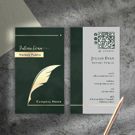 Modern Dark Emerald Green Gold Quill Notary Public 名刺