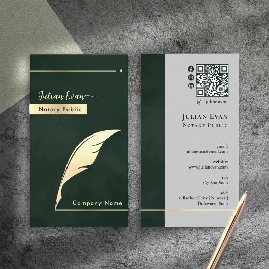 Modern Dark Emerald Green Gold Quill Notary Public 名刺