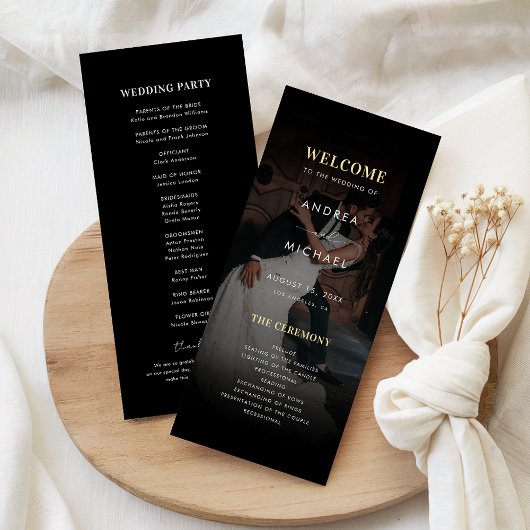 Modern Dark Faded Photo Gold & Black Wedding 招待状