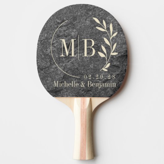 Modern Dark Granite Stone Leaf Wedding Monogram 卓球ラケット (正面)