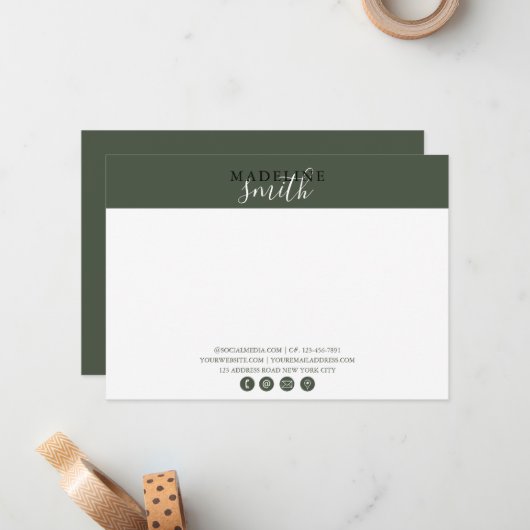 Modern Dark Green Script Flat Note Card ノートカード (正面/裏面インサイチュ)