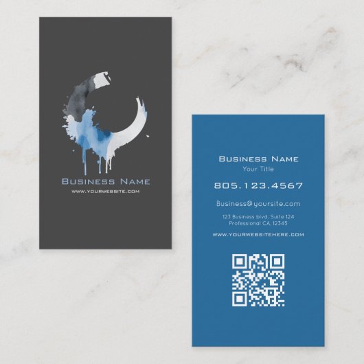 Modern Dark Grey & Blue Watercolor Swirl 名刺 (正面/裏面)