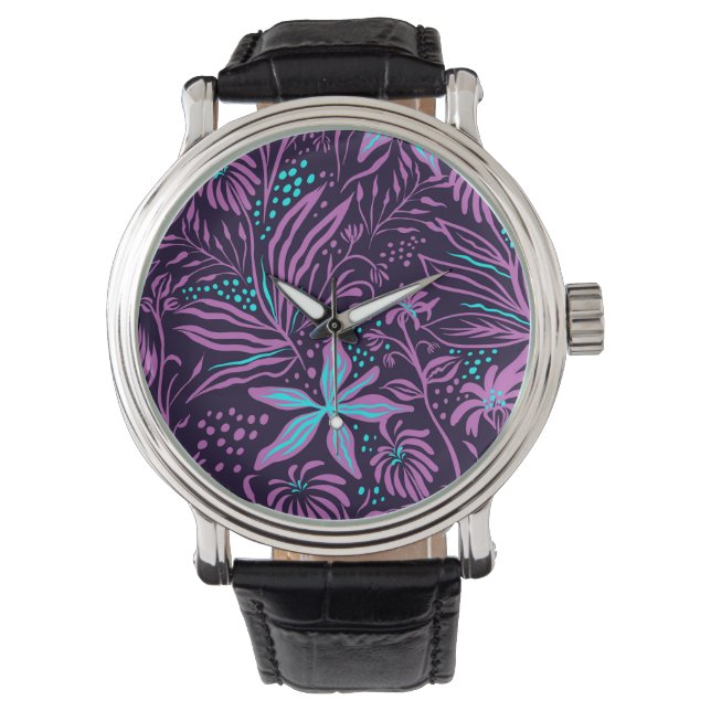 Modern Dark Purple Floral Pattern 腕時計 (正面)
