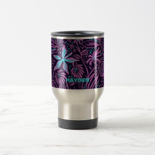 Modern Dark Purple Floral Pattern Personalised トラベルマグ (中央)