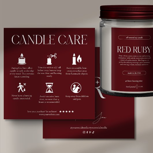 Modern Dark Red Candle Care Card サンキューカード