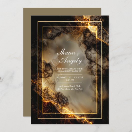 Modern Dark Slate Molten Gilded Kintsugi Wedding 招待状 (正面/裏面)