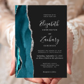 Modern Dark Teal Silver Agate Wedding 箔招待状