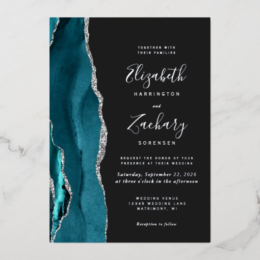 Modern Dark Teal Silver Agate Wedding 箔招待状 (正面)