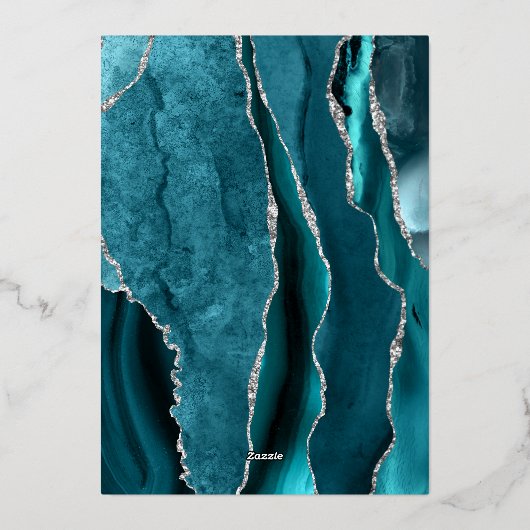 Modern Dark Teal Silver Agate Wedding 箔招待状 (裏面)
