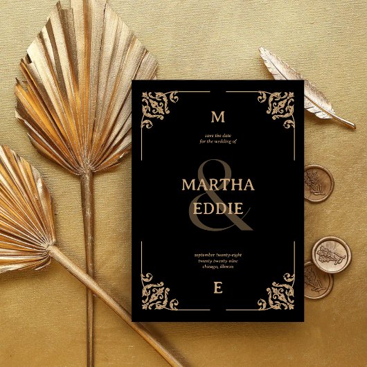 Modern Deco | Black and Gold Photo Back Wedding セーブザデート