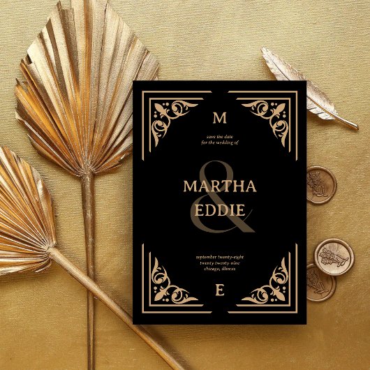 Modern Deco | Black and Gold Photo Back Wedding セーブザデート