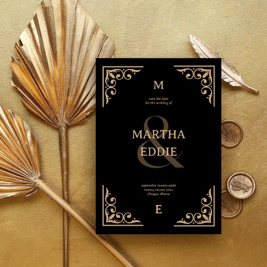 Modern Deco | Black and Gold Photo Back Wedding セーブザデート