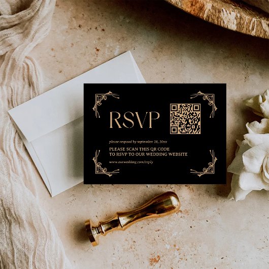 Modern Deco | Black and Gold Wedding QR Code 出欠カード