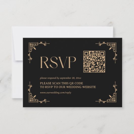 Modern Deco | Black and Gold Wedding QR Code 出欠カード (正面)
