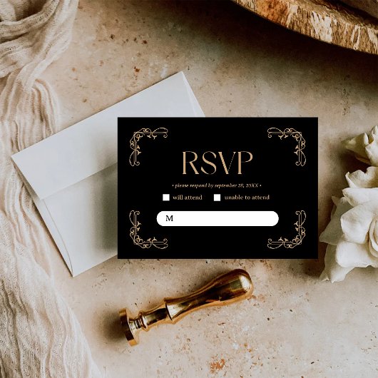 Modern Deco | Elegant Black and Gold Wedding 出欠カード