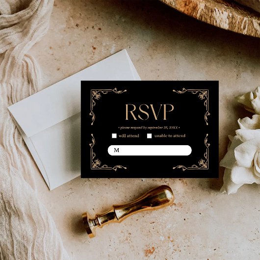 Modern Deco | Elegant Black and Gold Wedding 出欠カード